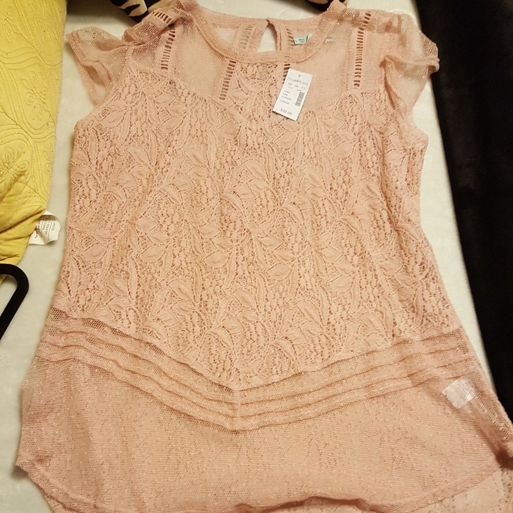 Maurice's high-low romantic sheer layering fitted pink peach sleveless blouse